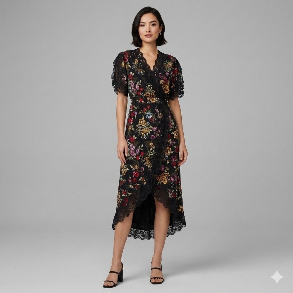 Alice + Olivia Adele Black Floral Silk Blend Lace Trim Midi Wrap Dress Size 2
